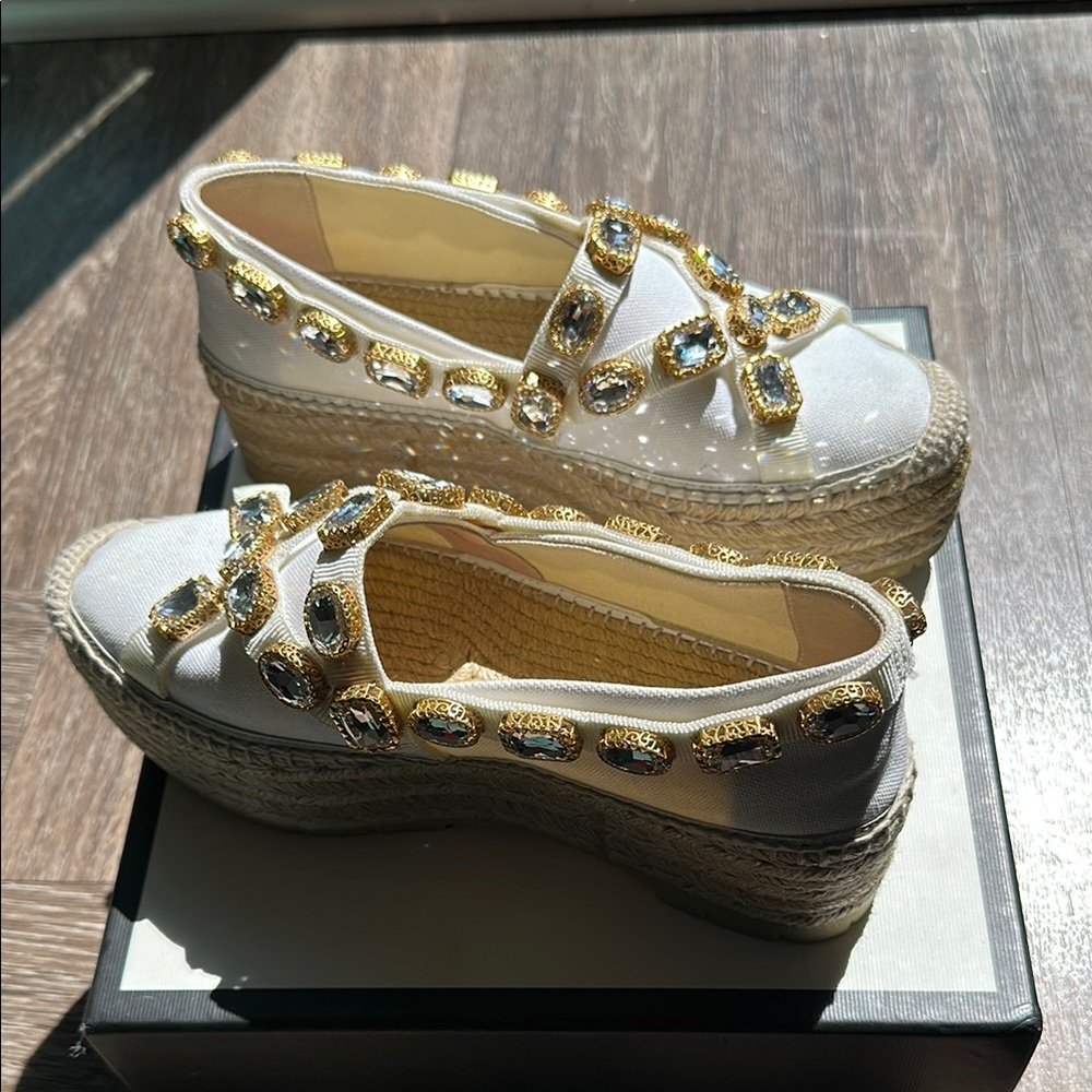 Gucci Embellished White Platform Espadrilles